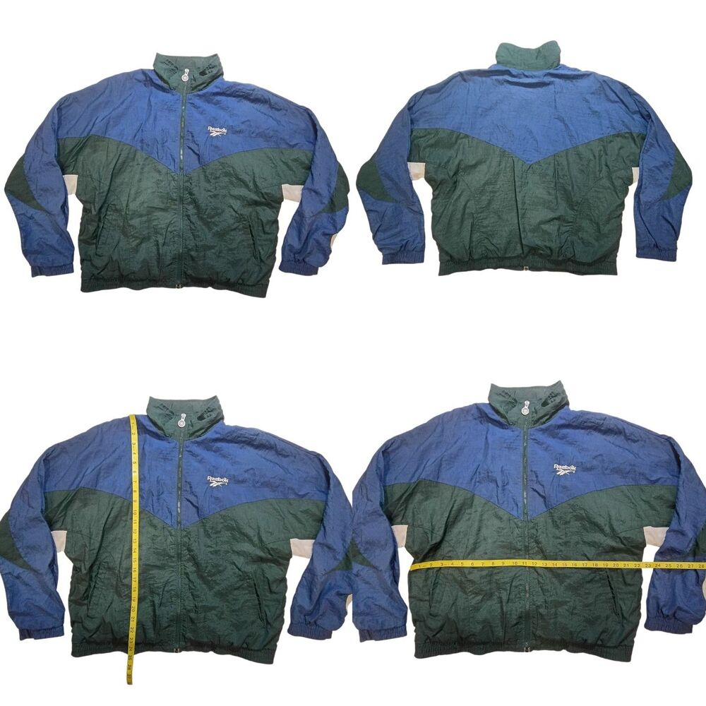 Vtg 90s Reebok Windbreaker Mens L Green Navy, White Full Zip Nylon Athletic Wear